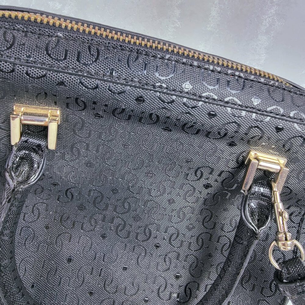 GUESS 1981 Black Logo Satchel Handbag PVC Monogram Boston Bag w/ Strap - Picture 7 of 15
